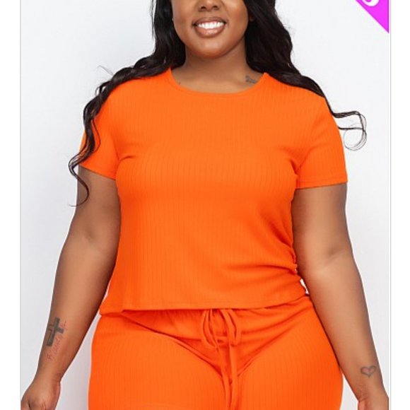Plus Size Ribbed Lounge Set Women’s 2 Piece Top & Shorts Orange Pink 1X 2X 3X - Picture 3 of 8